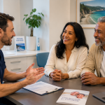 Consultation entre un dentiste et un couple avant un voyage dentaire