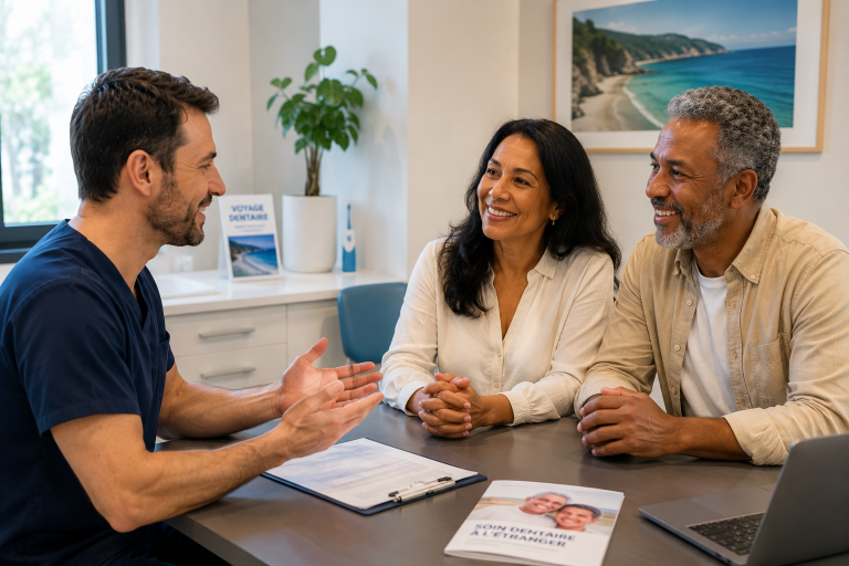 Consultation entre un dentiste et un couple avant un voyage dentaire