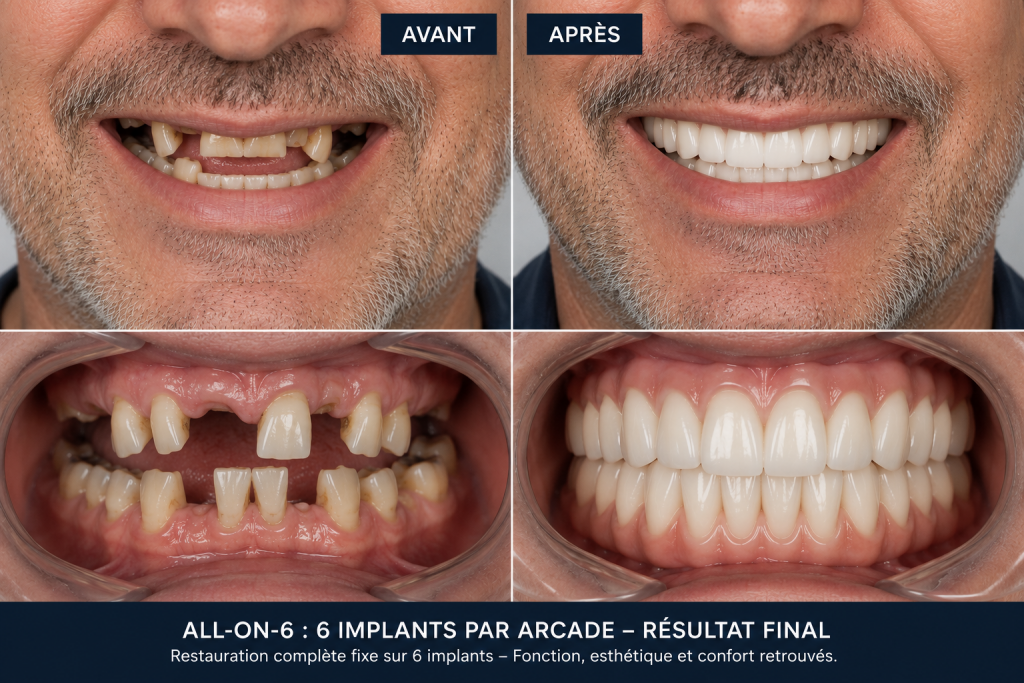 Avant-après d’une réhabilitation dentaire complète par All-on-6 chez un patient présentant plusieurs dents manquantes et abîmées.