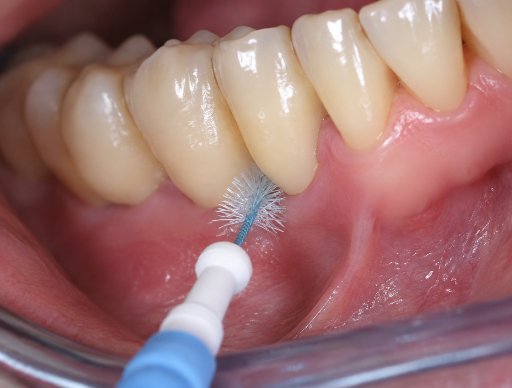Brossette interdentaire nettoyant la zone autour d'un implant dentaire.