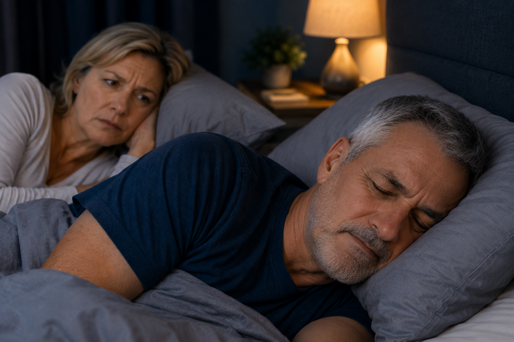 Bruxisme nocturne : pourquoi grince-t-on des dents la nuit ? 1 Homme souffrant de bruxisme nocturne et grinçant des dents pendant son sommeil