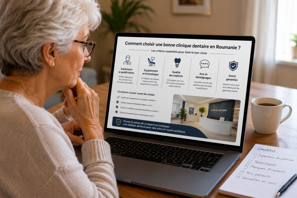 Senior comparant différentes cliniques dentaires en Roumanie sur son ordinateur avant de choisir son traitement.