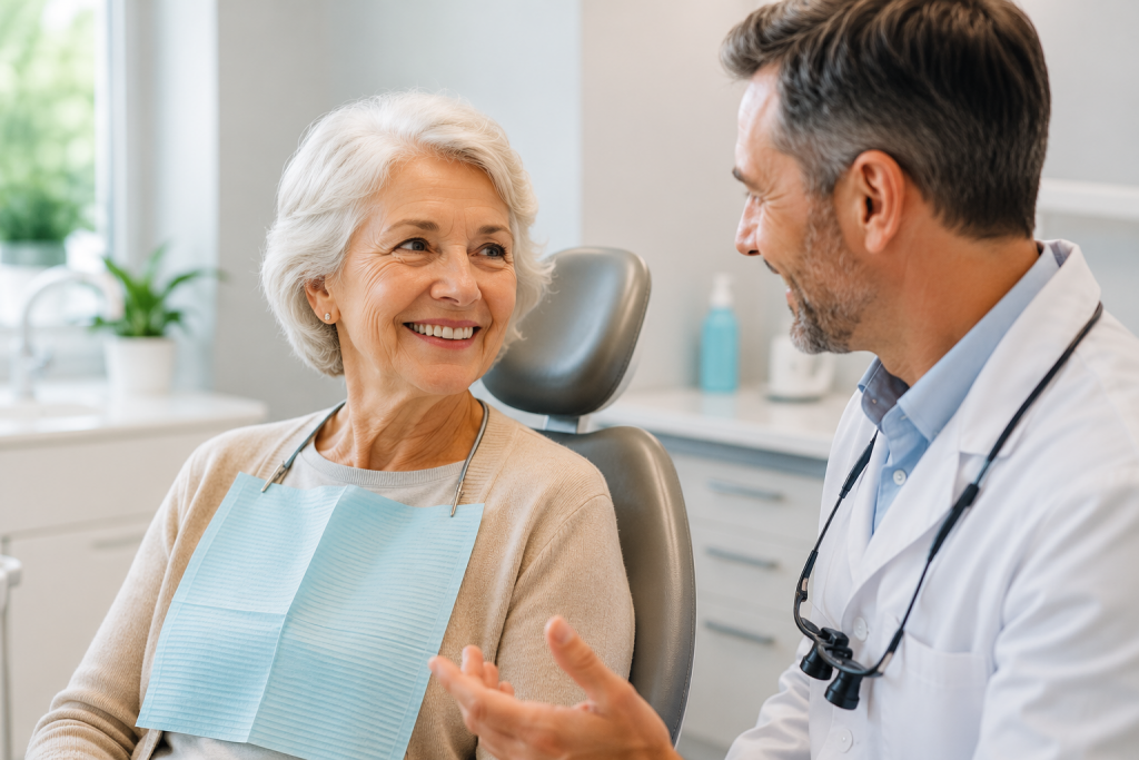 Implant dentaire avant après : découvrez les résultats avant, pendant et après le traitement 3 Dentiste expliquant le suivi d’un implant dentaire à une patiente senior lors d'une visite de contrôle.