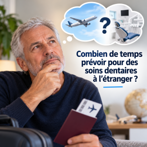 Senior s'interrogeant sur la durée des soins dentaires à l'étranger