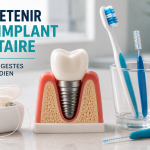 Entretien quotidien d’un implant dentaire avec brosse à dents, fil dentaire et brossette.