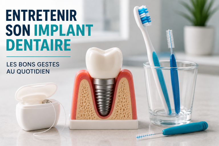 Entretien quotidien d’un implant dentaire avec brosse à dents, fil dentaire et brossette.