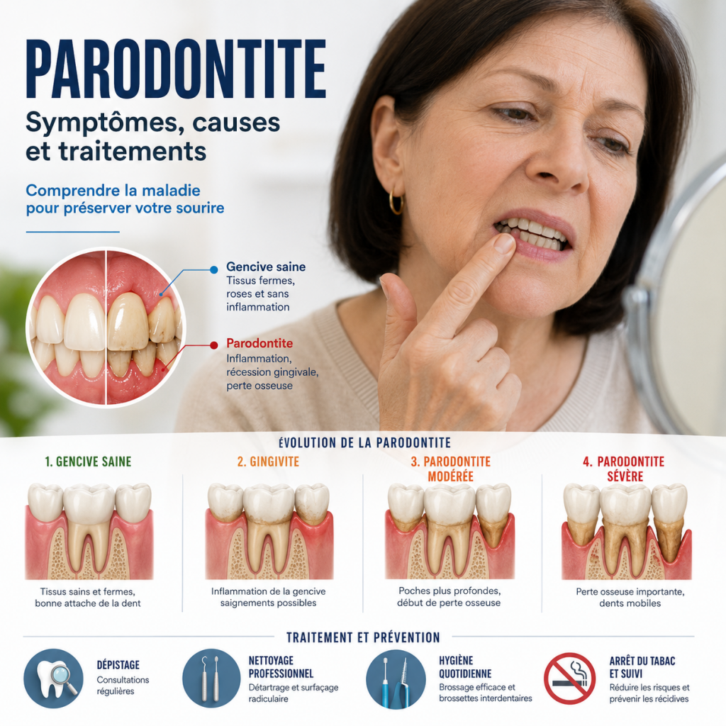 Illustration montrant les différents stades d'évolution de la parodontite, de la gencive saine à la perte osseuse avancée.
