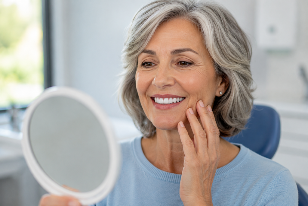 Facettes dentaires après 50 ans : est-ce une bonne solution ? 1 Femme de plus de 50 ans souriant après la pose de facettes dentaires