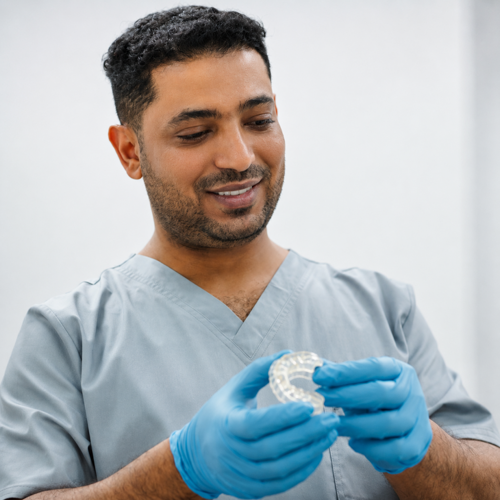 Bruxisme nocturne : pourquoi grince-t-on des dents la nuit ? 4 Dentiste présentant une gouttière nocturne utilisée pour protéger les dents du bruxisme