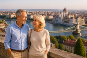 Couple de seniors à Budapest envisageant des soins dentaires en Hongrie