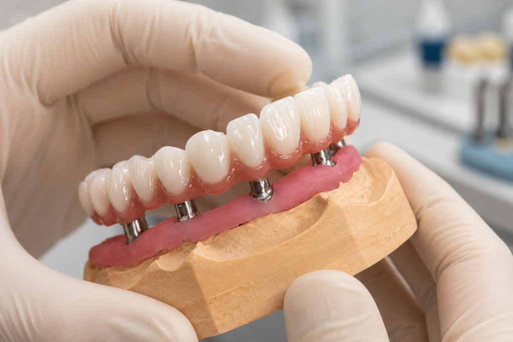 Prothèse dentaire fixe complète sur implants positionnée sur un modèle de laboratoire pour le contrôle de son ajustement.