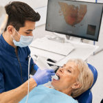 Dentiste utilisant un scanner intra-oral pour réaliser une empreinte numérique chez une patiente senior dans une clinique dentaire moderne.