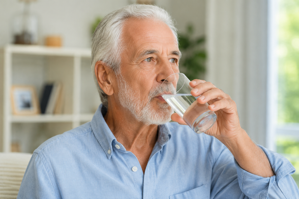 Senior buvant un verre d’eau pour favoriser l’hydratation et limiter la sécheresse buccale.