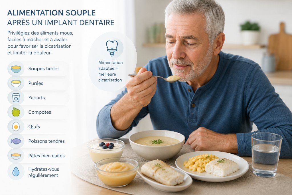 Senior consommant des aliments mous après la pose d'un implant dentaire afin de favoriser la cicatrisation et réduire la douleur post-opératoire.