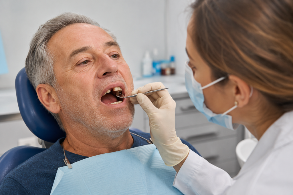 Dentiste examinant une dent cassée au ras de la gencive