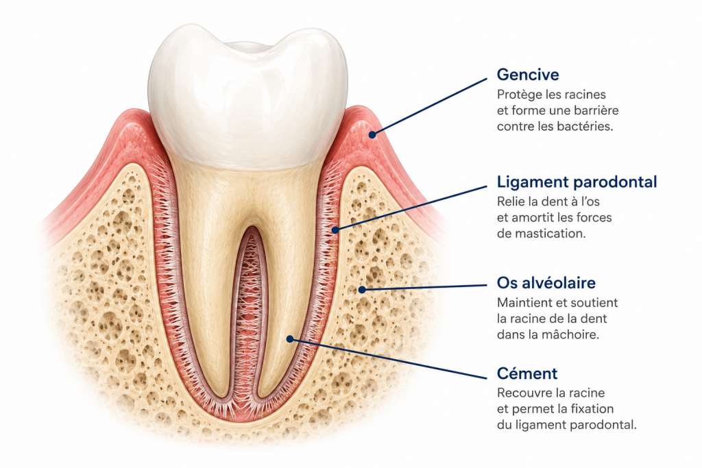 Schéma anatomique du parodonte montrant la gencive, le ligament parodontal, l'os alvéolaire et le cément.
