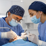 Deux chirurgiens-dentistes portugais réalisent une intervention implantaire dans un cabinet moderne.