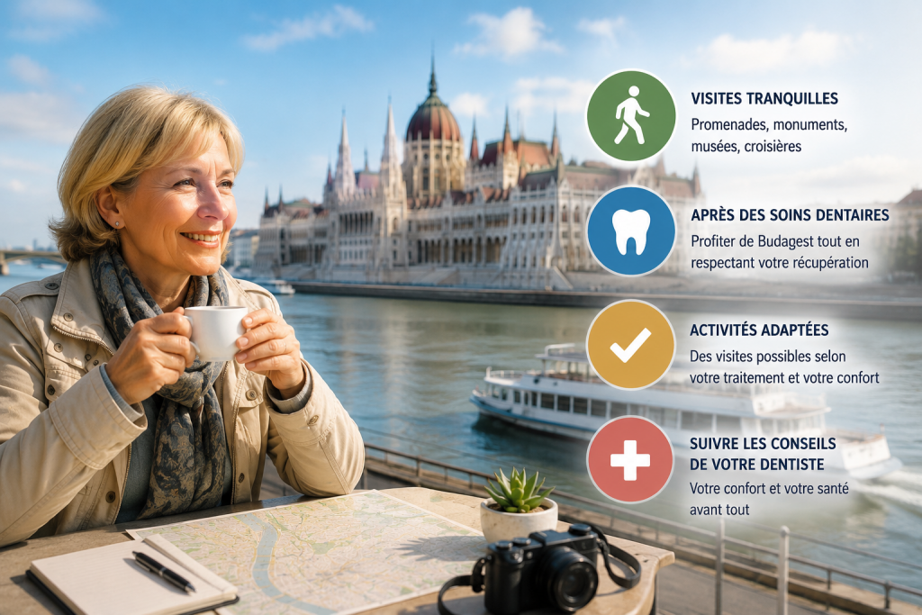 Que faire à Budapest ? Les 15 incontournables pendant votre séjour dentaire 1 Patiente senior profitant de Budapest après des soins dentaires avec vue sur le Parlement hongrois