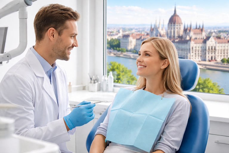 dentiste à Budapest avec patiente en clinique dentaire moderne en Hongrie