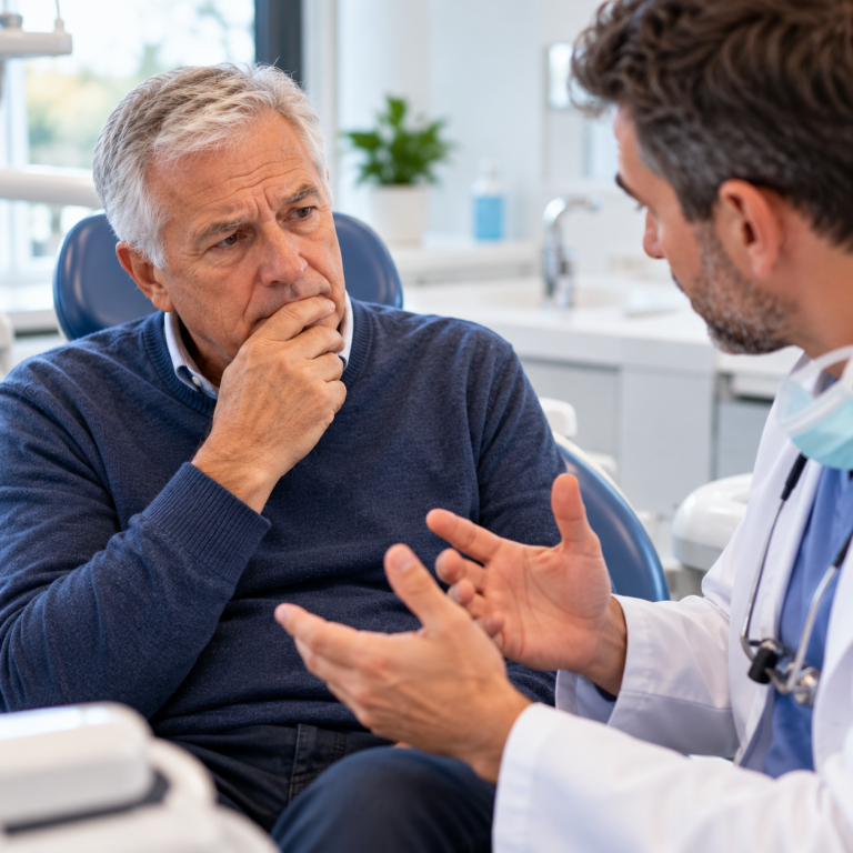 Patient senior discutant des risques et complications des implants dentaires avec son dentiste