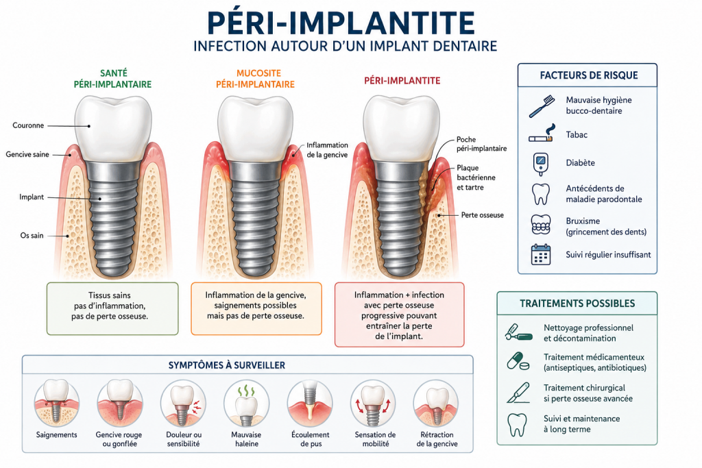 Infection autour d’un implant dentaire : comprendre la péri-implantite et les solutions 1 Schéma anatomique montrant les différentes étapes de la péri-implantite autour d’un implant dentaire, de la gencive saine à la perte osseuse avancée.