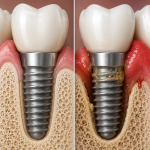 Comparaison anatomique entre un implant dentaire sain et un implant atteint de péri-implantite avec inflammation de la gencive et perte osseuse.