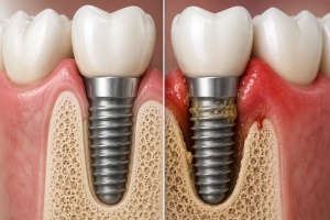 Accueil 10 Comparaison anatomique entre un implant dentaire sain et un implant atteint de péri-implantite avec inflammation de la gencive et perte osseuse.