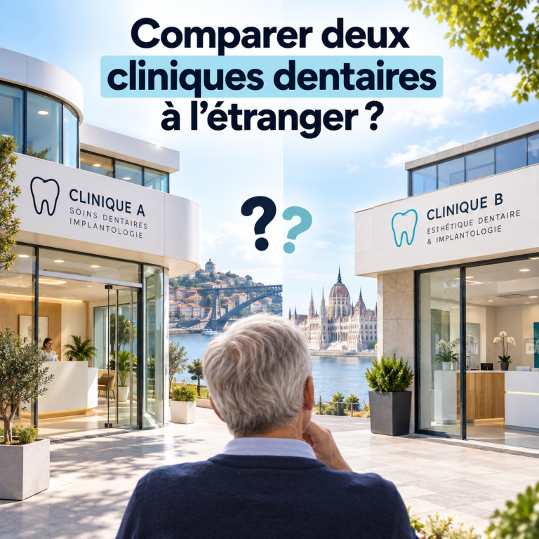 Senior comparant deux cliniques dentaires à l'étranger