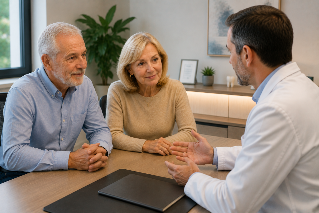 Dentiste expliquant à un couple senior les différentes solutions pour remplacer toutes les dents.
