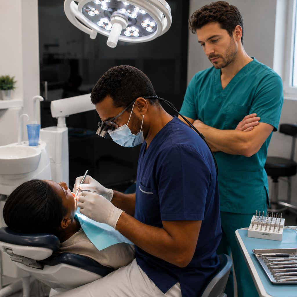 Un chirurgien-dentiste réalise un soin pendant qu'un confrère observe la technique dans une clinique dentaire moderne.