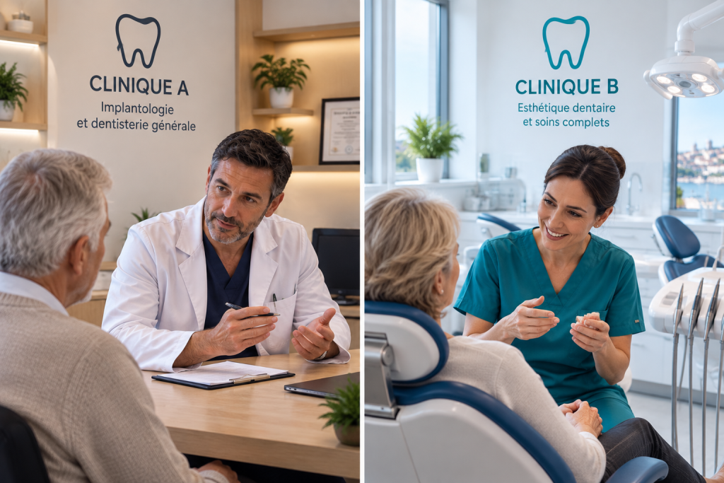 Deux dentistes proposant des traitements différents dans deux cliniques dentaires