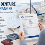 Patiente analysant un devis dentaire à l'étranger avant un traitement implantaire avec radio panoramique et informations de voyage.