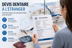 Patiente analysant un devis dentaire à l'étranger avant un traitement implantaire avec radio panoramique et informations de voyage.