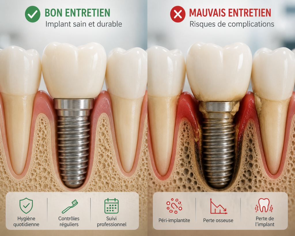 Comparaison entre un implant dentaire bien entretenu et un implant atteint de péri-implantite.