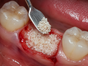 Greffe osseuse avec biomatériau avant la pose d'un implant dentaire