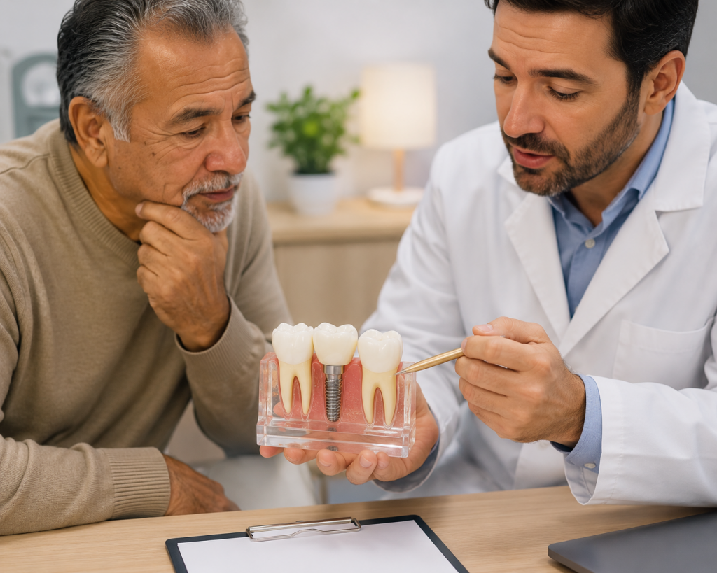Dentiste expliquant à un patient senior les différentes étapes d'un traitement par implant dentaire.