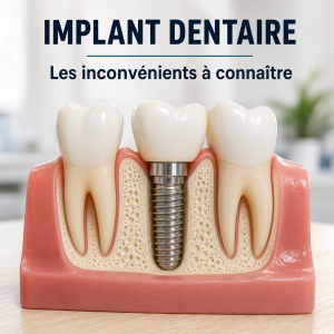 Schéma réaliste d'un implant dentaire illustrant les principaux inconvénients et limites du traitement.