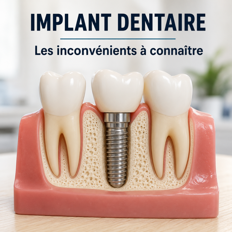 Schéma réaliste d'un implant dentaire illustrant les principaux inconvénients et limites du traitement.