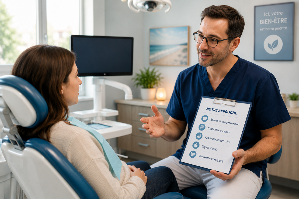 Dentiste rassurant une patiente souffrant de stomatophobie lors d'une consultation