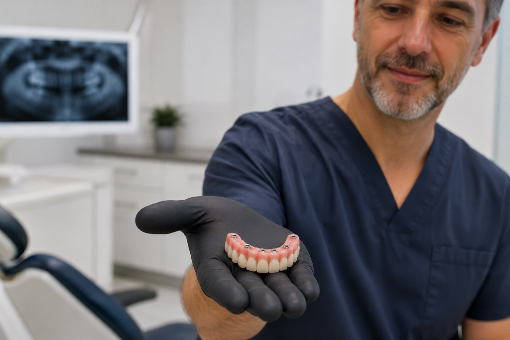 Dentiste présentant une prothèse fixe complète sur 6 implants dans la paume de sa main.