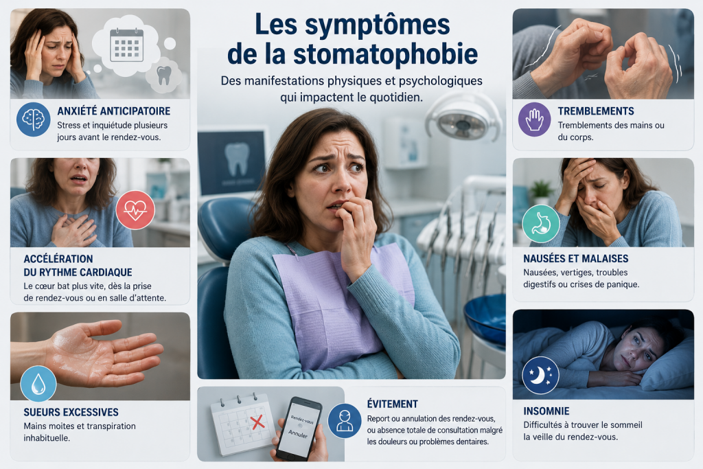 Patiente présentant les symptômes de la stomatophobie avant un rendez-vous dentaire