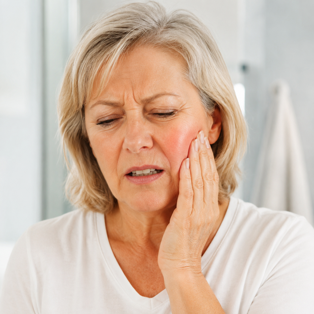 Abcès dentaire : causes, symptômes et traitements efficaces 1 Femme senior souffrant d’un abcès dentaire avec douleur à la joue