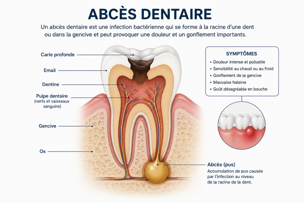 Abcès dentaire : causes, symptômes et traitements efficaces 3 Schéma d’un abcès dentaire avec infection de la racine et accumulation de pus