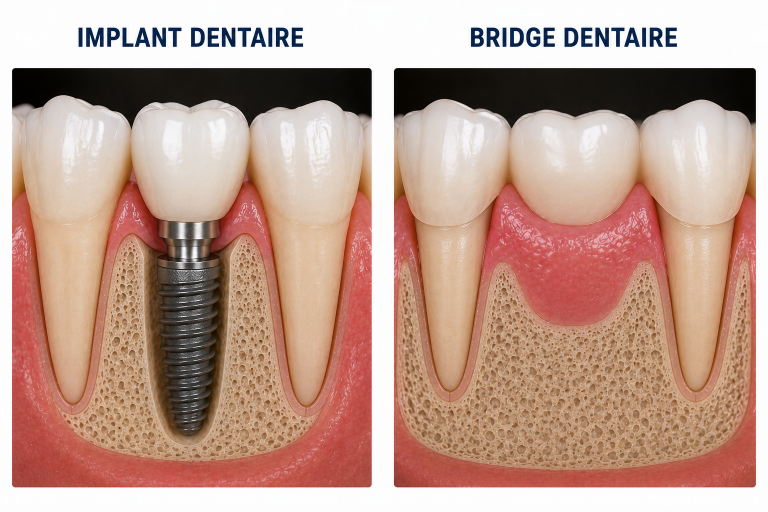 Bridge dentaire et implant dentaire comparés en coupe anatomique réaliste