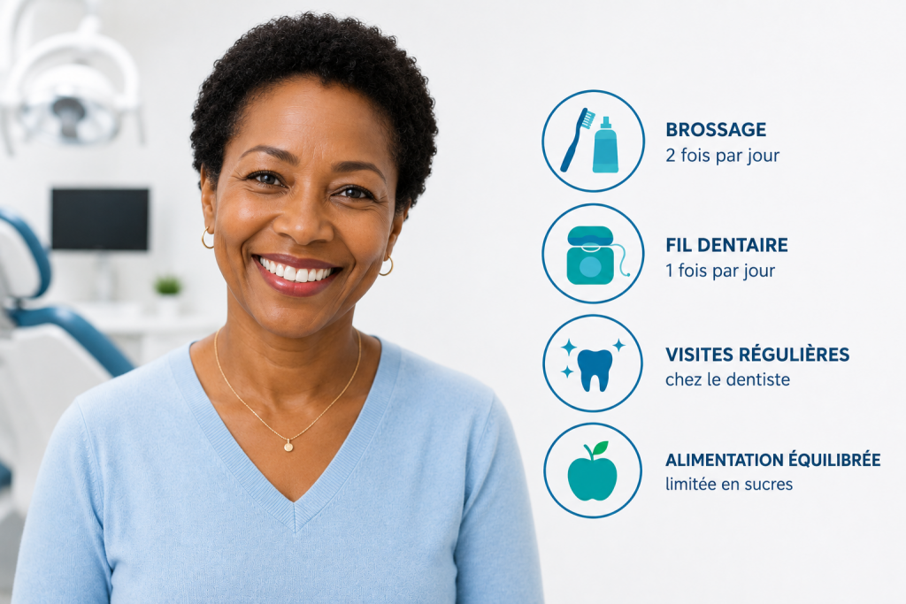 Femme souriante après un contrôle dentaire illustrant la prévention des soins dentaires