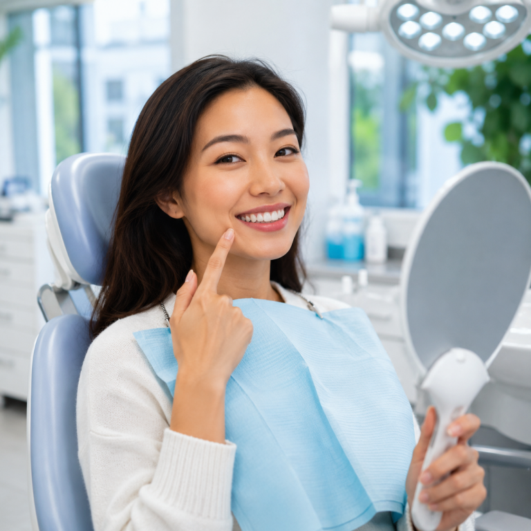Femme asiatique souriante après des soins dentaires dans un cabinet dentaire