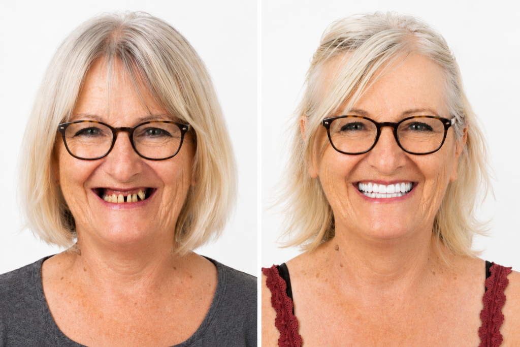 Comment trouver un bon dentiste à l’étranger sans prendre de risques ? 2 Avant après traitement implantaire complet chez une femme senior portant des lunettes de vue