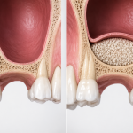 Illustration avant après d'un comblement de sinus (sinus lift) avant la pose d'un implant dentaire.