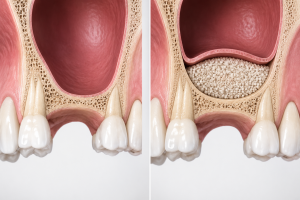 Illustration avant après d'un comblement de sinus (sinus lift) avant la pose d'un implant dentaire.