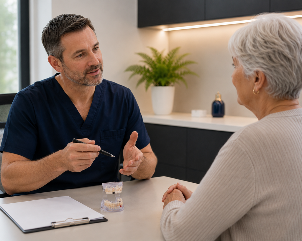 Dentiste expliquant le principe du sinus lift à une patiente à l'aide d'un modèle anatomique de la mâchoire.